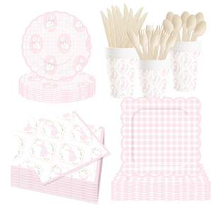 DAMAI - Juego de Decoración para Fiesta de Pascua, Vajilla Desechable de Papel con Diseño de Conejo de Pascua a Cuadros Rosas, Mantel, Vajilla Desechable para Fiesta - Product Image 2