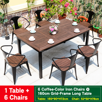 Ensemble de mobilier de patio 7 pièces, table rectangulaire à lattes 160 cm, pieds carrés noirs droits, 6 fauteuils, vente en gros, couleur personnalisée