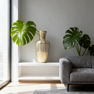 مزهرية سيراميك فاخرة بنمط آرت ديكو ذهبي وأبيض منقط - مزهرية أنيقة لتزيين الطاولات وترتيب الزهور - Product Image 3