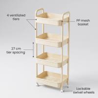 Chariot utilitaire à roulettes 4 niveaux en PP, avec panier en maille, chariot de rangement multifonctionnel pour cuisine, directement de l'usine