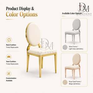 Elegante Silla de Boda Redonda con Respaldo de Medallón en Acero Inoxidable Dorado y Cojín Blanco para Eventos de Boda y Banquetes - Product Image 4