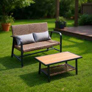 Conjunto de Jardín Moderno para Exteriores, Sofá de Ratán de 2 Plazas con Mesa de Centro, Estructura de Acero, Cubierta de Teca, Cojín de Secado Rápido - Product Image 2