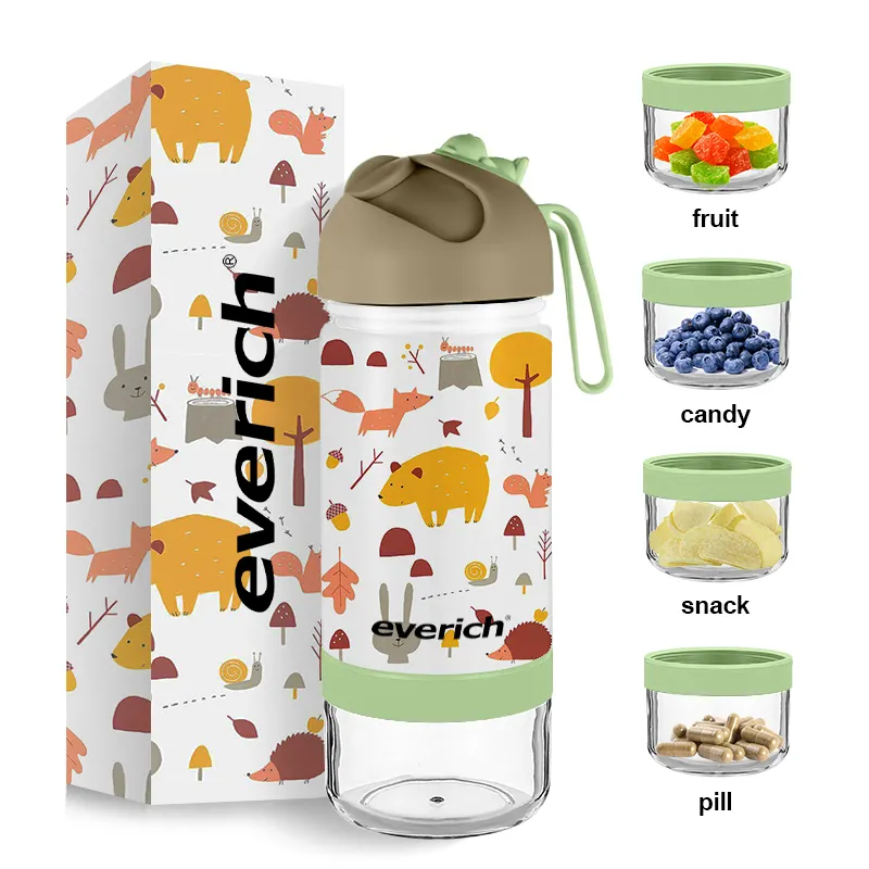 Everich 2 in 1 14oz outdoor travel Kids Double Wall Vacuum Insulated Stainless Steel Sports Water Bottle with Candy Storage
