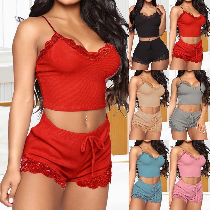 P026 Sexy Mujeres Pijama de Encaje Conjuntos Sin Mangas Correa Ropa de Dormir 2Pcs Trim Satén Top Camisones Lencería Pijamas