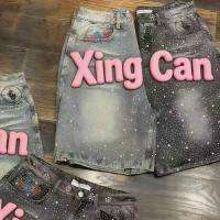 TOPSHOW <span class=keywords><strong>Short</strong></span> <span class=keywords><strong>en</strong></span> <span class=keywords><strong>Jean</strong></span> pour Homme Personnalisé Extra Large Bleu Vintage Taille Haute avec Strass Délavé à l'Acide Coupe Ample Décontractée pour l'Été - Product Image 4