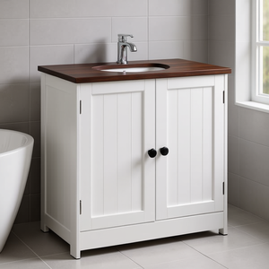 Meuble de rangement pour lavabo sur colonne Crystal White, 48 pouces, à double porte, étagères de salle de bain style ferme - Product Image 2