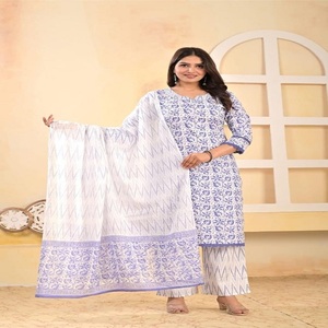 High Quality Traditional Cotton <b>Kurti</b> & Pant High Quality Cotton Printed 3 Pieces <b>Kurti</b> Set With Dupatta For Daily Casual Wear - Product Image 1
