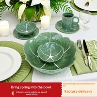 Service de vaisselle créatif en céramique en forme de chou, motif veine de feuille, compatible micro-ondes, combinaison bol, assiette, plat, tasse, rose et vert, pour la maison