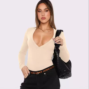 Personnalisé Sexy <span class=keywords><strong>Décolleté</strong></span> <span class=keywords><strong>Plongeant</strong></span> Nylon Stretch Tissu Manches Longues Femmes Tricoté Y2K Blanc Top - Product Image 2