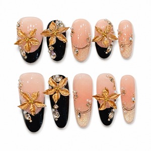 Faux ongles de luxe 3D sculptés, à pression, motif floral, perles et strass, couvrance totale pour doigts - Product Image 2