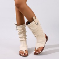 Bottes sandales mi-mollet souples pour femme, en faux daim, à bout ouvert, découpées, sans talon, hautes jusqu'à la cuisse, avec languette décorative