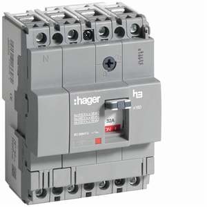 HDA033L ปรับแต่งได้ด้วยเซอร์กิตเบรกเกอร์แบบหล่อขึ้นรูปของ Hagers รุ่น h3 x160 TM 4P 18kA 32A - Product Image 1