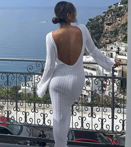 Abito lungo lavorato a <span class=keywords><strong>maglia</strong></span> Sexy per le donne maniche svasate senza schienale Ruffles Slim Maxi abiti Vestidos autunno Beach Vacation Robe - Product Image 3