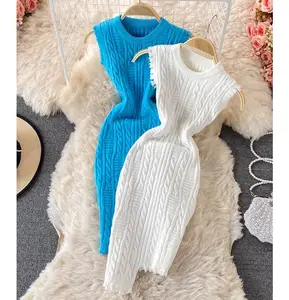 Gaun Sweater rajut wanita warna polos, gaun Bodycon Mini rajut musim semi dan gugur untuk wanita