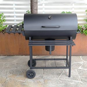 Heavy-Duty Outdoor Steel Barbecue Grill Powder Coated Trolley Adjustable Height <b>Smokeless</b> Chimney Thermometer Hooks - Product Image 5