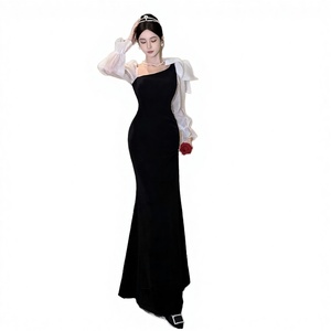 S1975N 2026 Nuevo Vestido de Fiesta de Gasa Negro de Corte A, Ajustado, Liso Teñido, Largo a la Pantorrilla, con Cuello Barco, 100% Poliéster Antiestático, para Primavera - Product Image 3