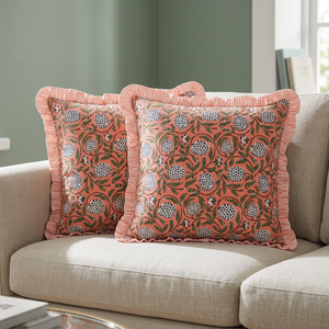 Housse de coussin carrée à fermeture éclair, style occidental, en coton imprimé floral, avec volants, motif saumon foncé, collection Ridhi, très vendue - Product Image 2