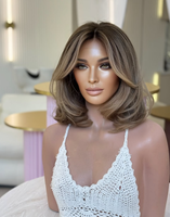 Perruque en dentelle frontale de cheveux humains européens Remy de qualité supérieure, double trame, couleur ombrée blonde cendrée, coupe bob, longueur épaule, pour femmes
