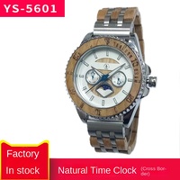 Reloj de madera de lujo Grabado Bisel giratorio Escala de tiempo Calendario Semana Fase lunar Pantalla 20mm Banda de madera Esfera de vidrio Ventana ODM