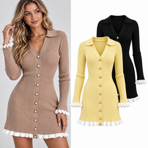 Women's Woven Long Sleeve Button Front Mini Dress Ruffle Hem Cuff A-Line Casual Breathable Candy Color Autumn Style Solid Color - Product Image 1