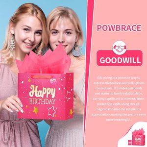 Bolsa de Regalo Rosa de 13 Pulgadas con Diseño de <span class=keywords><strong>Feliz</strong></span> Cumpleaños, Papel de Seda y Tarjeta de Felicitación, Tamaño Mediano para Hombre/Mujer, Diseño con Estampado <span class=keywords><strong>en</strong></span> Caliente - Product Image 6
