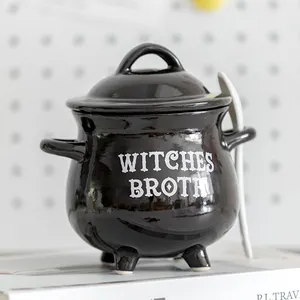 Tasse de chaudron noire dolomite personnalisée Bouillon de sorcières avec cuillère à balai logo personnalisé Tasse à café en céramique avec couvercle Cadeaux d'Halloween