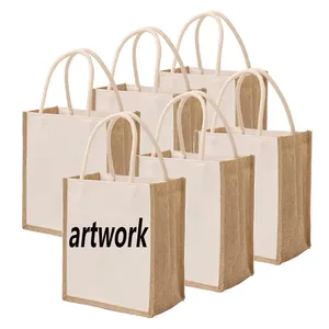 Sac fourre-tout en jute réutilisable, écologique, taille moyenne, personnalisable, avec design naturel uni, pour la peinture à la main DIY et logo personnalisé - Product Image 5