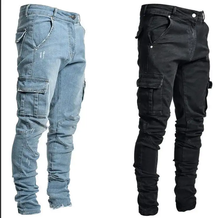 Jeans cargo plus size de cintura média para homens, jeans personalizado de corte reto, com zíper elástico, estilo casual, slim fit, estilo sustentável