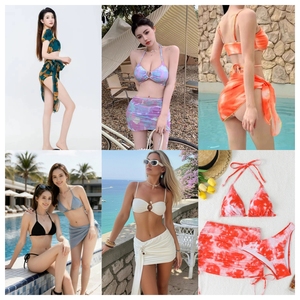 Ensemble bikini 3 pièces pour femme à imprimé floral, avec haut bandeau halter et bas asymétrique, maillot de bain extensible – Fournisseur d'usine - Product Image 4