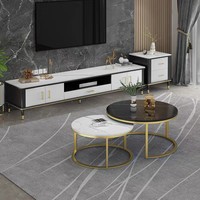 Table basse convertible de luxe pour hôtel, plateau en marbre, table ronde moderne avec rangement central en métal pour salon