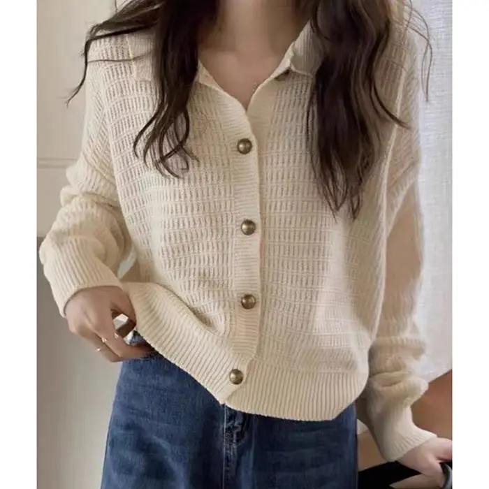 L042 New 2023 Korean Chic Solid Color Single Breasted Buttons Knitted Cardigan Women Knit Tops 9