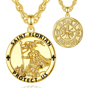 Medaglia Eroica da Vigile del Fuoco, Ciondolo con Collana in Oro 18K Placcato e Smalto Nero, <span class=keywords><strong>San</strong></span> Floriano Patrono Cattolico, per Uomo - Product Image 1