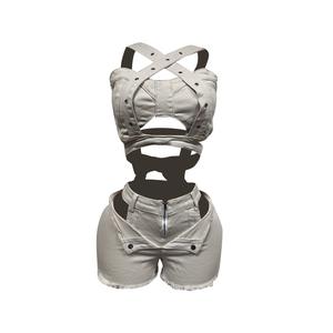 Conjunto de Dos Piezas para Mujer, Traje Deportivo Sexy de Mezclilla, Top Corto sin Mangas con Aberturas, Pantalones Cortos de Cintura Media, Conjunto Casual de 2 Piezas - Product Image 6