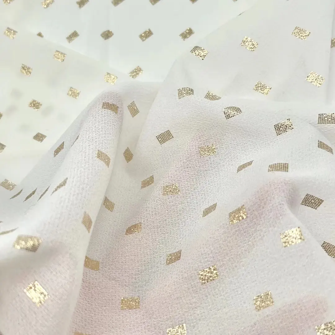 Nieuwe Design Stock Goud Stempelen Kant Folie Bedrukt Tule Crêpe Chiffon Stof Voor Vrouwen Jurk