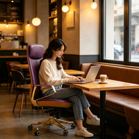 Chaise de bureau exécutive en PU violet à dossier haut, ergonomique, avec accoudoirs dorés, pivotante et réglable pour le bureau à domicile