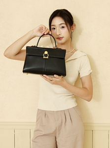 White Patent Leather Modern Water Resistant Structured Flap Handbag with Gold Tone <b>Lock</b> Handle for Daily Commute - Product Image 5