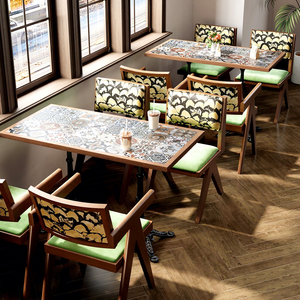 Juego de Muebles de Madera Maciza de Estilo Chino para Cafetería o <span class=keywords><strong>Restaurante</strong></span>, Sofá Cómodo y Moderno, Sillas de Comedor Cuadradas Resistentes, Mesa - Product Image 1
