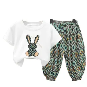 Girls And Boys Cute Cartoon Bunny Short Sleeve Shirts And Loose Pants Clothing Sets For Summer