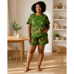 Conjunto de Pijama Corto para Mujer, Color Verde, Simple, Manga Corta, Cintura Elástica, Corte Holgado, Transpirable, Ecológico, Rayón, Verano, Casual - Product Image 1