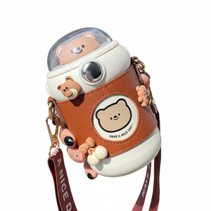 Mini taza de paja portátil, botellas de agua potable dobles, plástico ecológico, reutilizable, diseño de oso de dibujos animados, regalo para estudiantes - Product Image 1