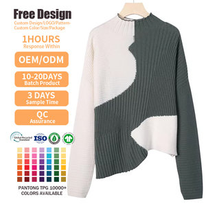 Pull en laine mérinos tricoté sur mesure pour femme, col montant, color block, hiver, manches longues, pull long - Product Image 2