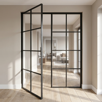 Porte intérieure minimaliste en acier et verre, cadre en acier étroit, porte en verre transparent avec isolation thermique, motif grillagé