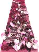 Tissu en dentelle brodée 3D florale rose vif de luxe avec perles pour mariée, 5 yards