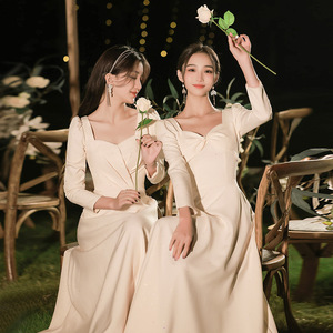 Bridesmaid Dresses Elegant Long Sleeve Satin Sheath Sweetheart Neckline Champagne Color For Best Friends And Bridesmaids - Product Image 1
