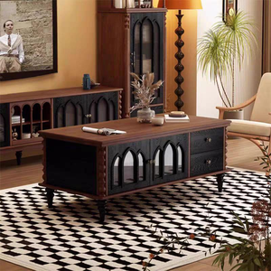 Vintage Gothic Wooden Coffee <b>Table</b> with Glass Doors & Drawers, <b>Storage</b> Living Room <b>Table</b> - Product Image 1