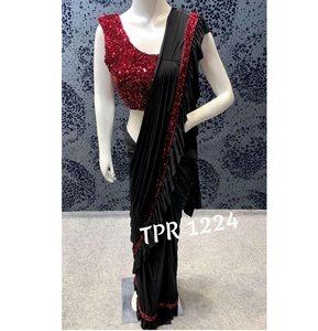 Sari en soie pour occasions spéciales, avec chemisier de créateur brodé multicolore, style luxueux, lavable, disponible en gros - Product Image 5