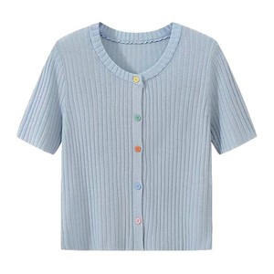 Cárdigan de punto azul de manga corta para mujer, fino, holgado, con botones de color caramelo, top de verano - Product Image 5
