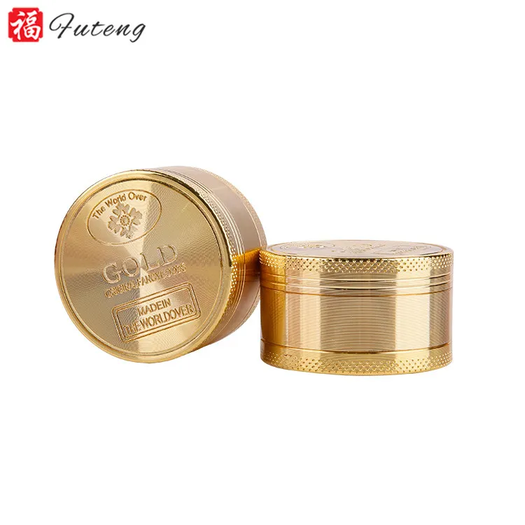 Venta caliente de oro herb grinder tabaco 3 piezas 50mm especias crusher accesorios para fumar metal tabaco de oro de