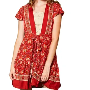 Kimono modis gaun wanita bermotif antik bungkus laris gaun wanita rok berkobar gaya gaun kasual Rayon merah