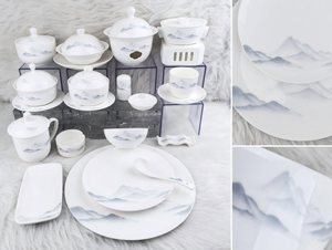 Service de table en porcelaine fine 45% (High Bone China) à motif de jardin chinois ancien, avec décor doré, pour banquets d'hôtel de luxe, personnalisable - Product Image 2